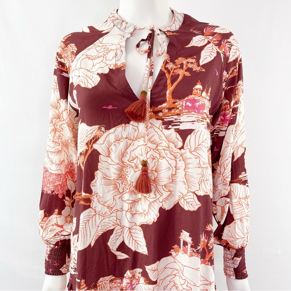 Maaji Maroon WONDERLAND DREAMS Long Sleeve Asian Motif Floral Tunic Dress Size M - Picture 3 of 12